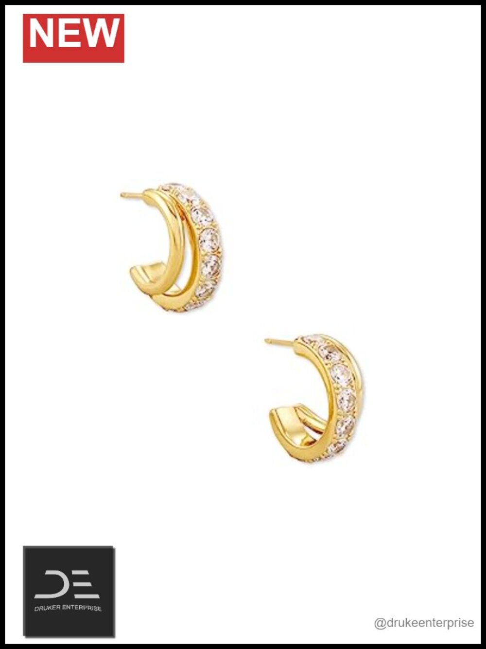 Gold Plated White Crystal Split Hoop Huggie Earrings 14K Women's Jewelry